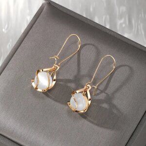 NEW 18K Gold Plated Swirl Milky White Crystal Ball Drop Earrings
